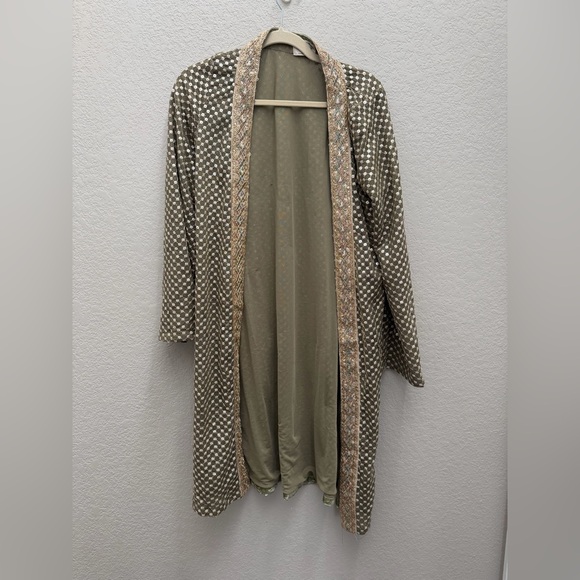 Joyfolie Green Gold Embellished Longline Cardigan Small Boho Luxe Layering Piece - Picture 2 of 5